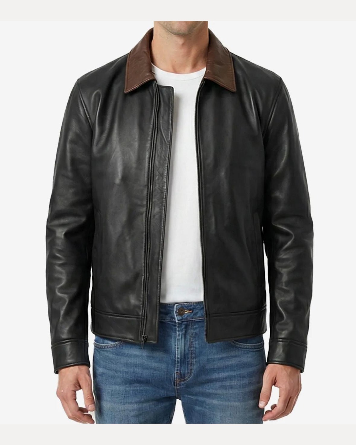 Contrast Collar Leather Jacket